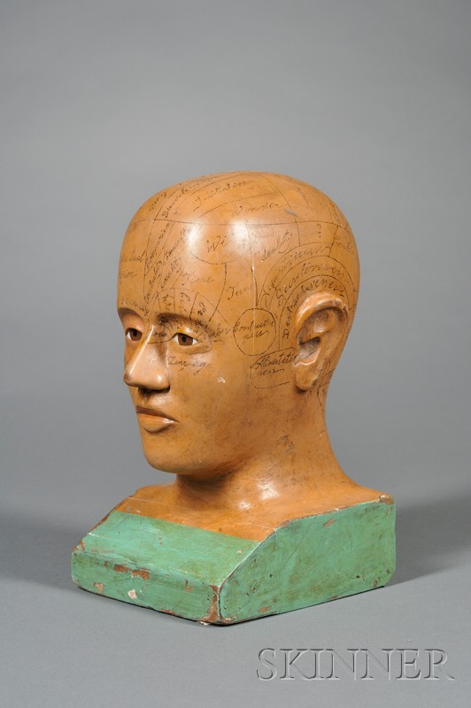 Appraisal: Carved and Painted Wooden Phrenology Head Model America late th