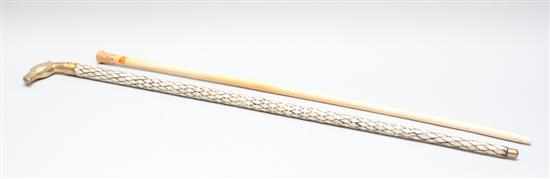 Appraisal: French hallmarked gold-capped ivory cane and a mother-of-pearl inlaid brass