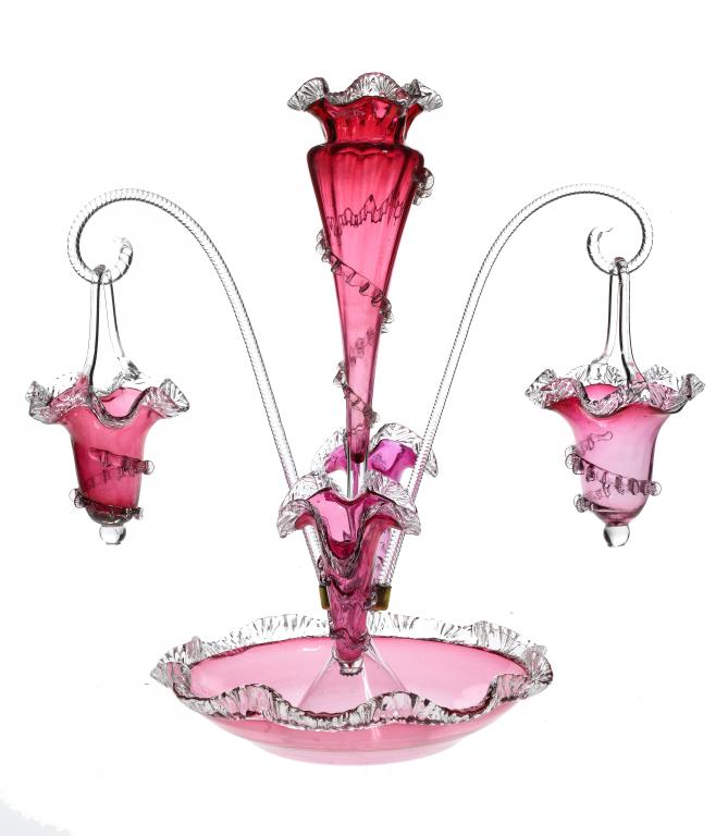 Appraisal: A VICTORIAN CRANBERRY GLASS EPERGNE with three flared vases and