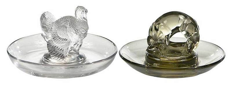 Appraisal: Two R Lalique Ashtrays Dindon Topaz Renard Turkey model introduced