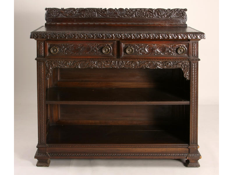 Appraisal: Chinese Carved Server ca mahogany mahogany veneer top with relief