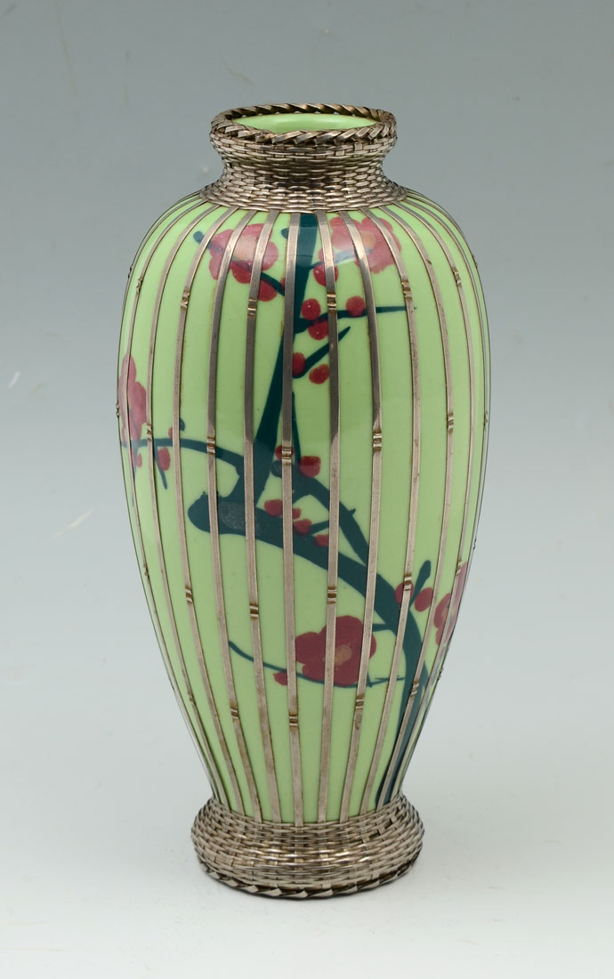 Appraisal: JAPANESE SILVER WEAVE OVERLAY VASE Green glaze with floral motif