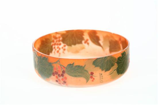 Appraisal: LEUNE ART GLASS BOWL Frosted orange bowl with handpainted foliage