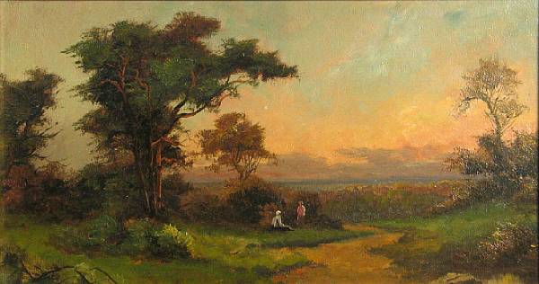 Appraisal: British School A landscape at sunset with two figures signed