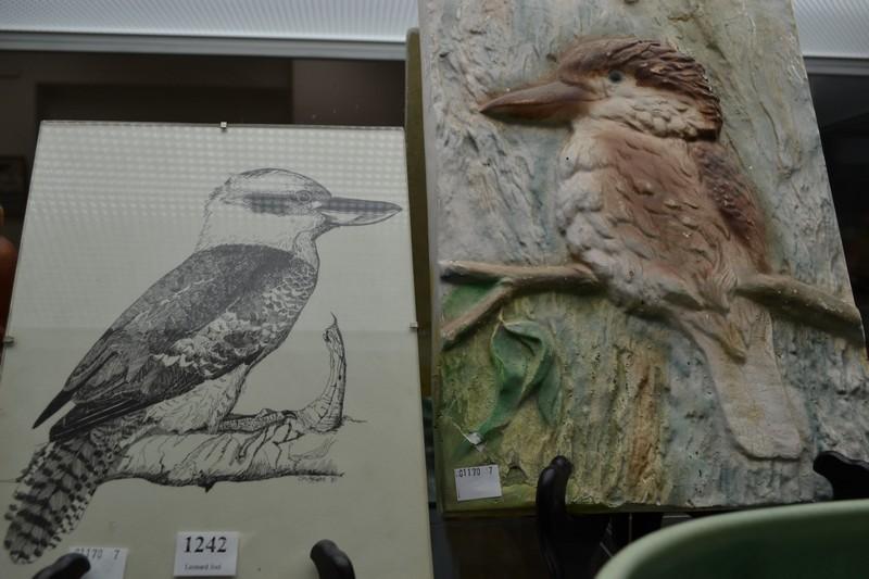 Appraisal: A KOOKABURRA WALL PLAQUE AND FRAMED ETCHING