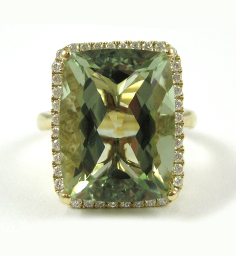 Appraisal: GREENED AMETHYST AND DIAMOND RING k yellow gold with round-cut