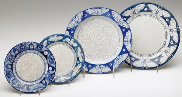 Appraisal: DEDHAM Crackleware four plates two Moth and two Owl Indigo