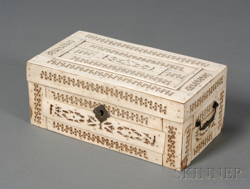 Appraisal: Small Whalebone Veneer Trinket Box with Pierced Decoration late th