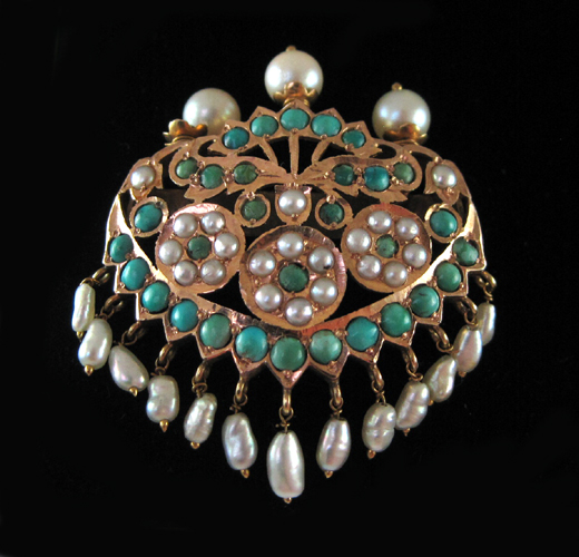 Appraisal: TURQUOISE PEARL AND FOURTEEN KARAT GOLD BROOCH set with round