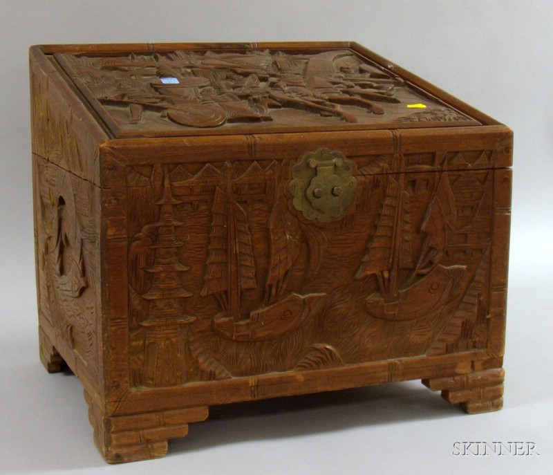 Appraisal: Asian Export Carved Hardwood Slant-lid Storage Box wd in