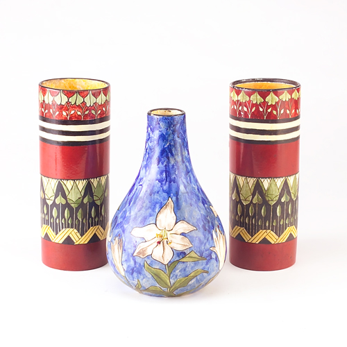 Appraisal: JERSEY POTTERY Pair of cylindrical vases painted with an Egyptian