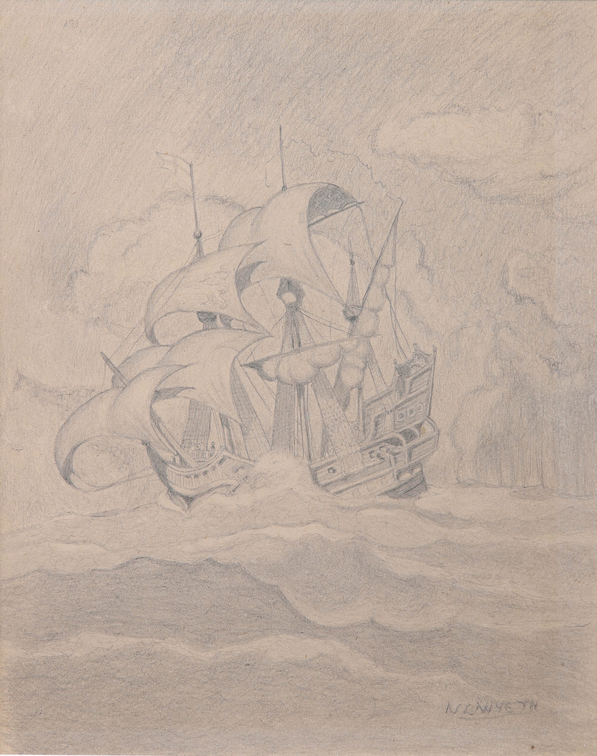 Appraisal: After NC Wyeth Drawing of a Galleon pencil on paper