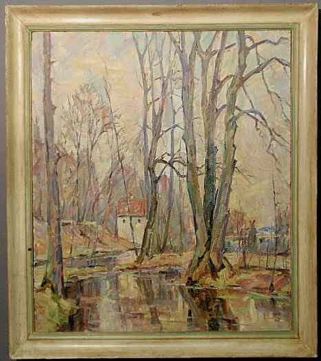 Appraisal: Oil on masonite impressionist painting of a stream and mill