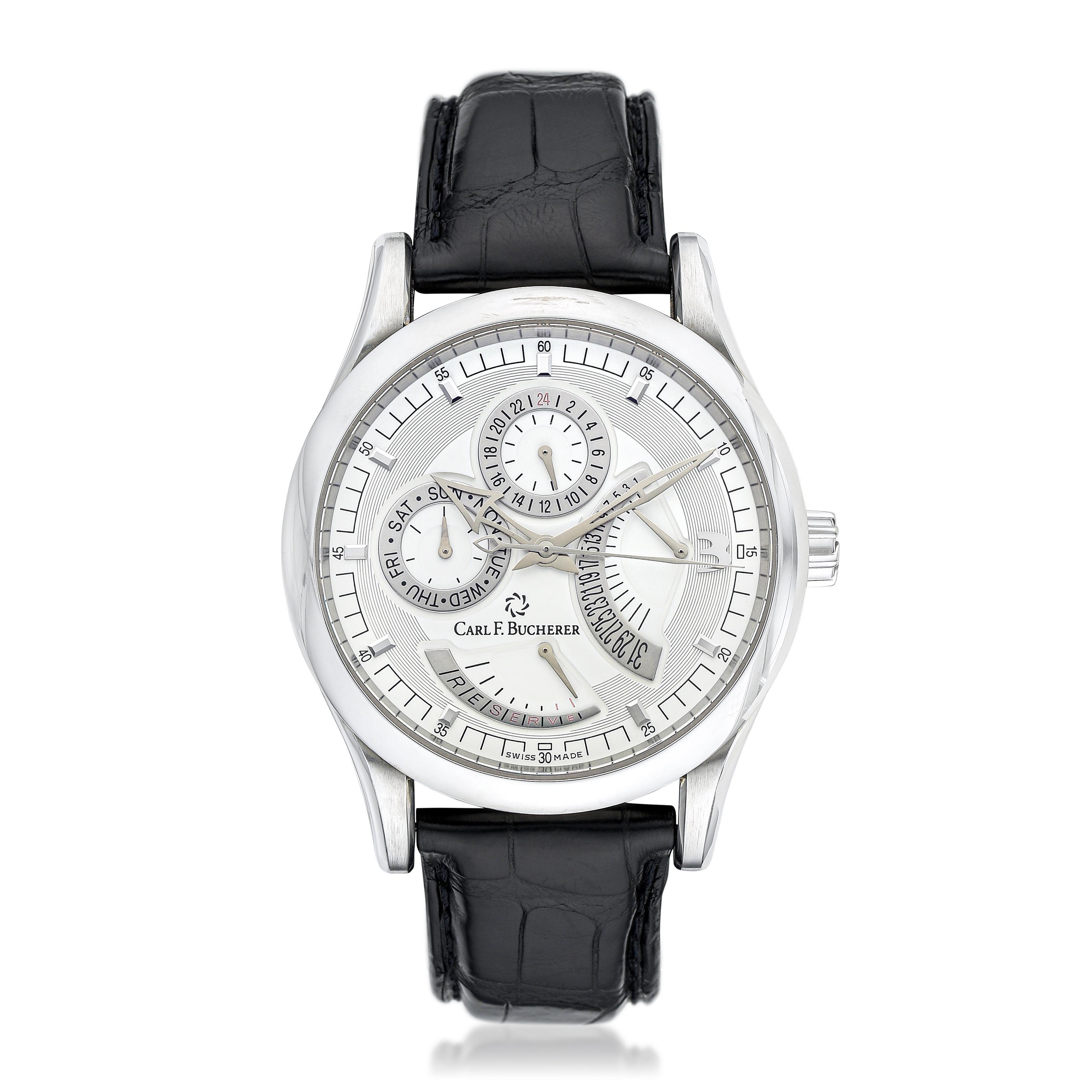 Appraisal: CARL F BUCHERER MANERO RETROGRADE GMT STEEL WATCH CIRCA s