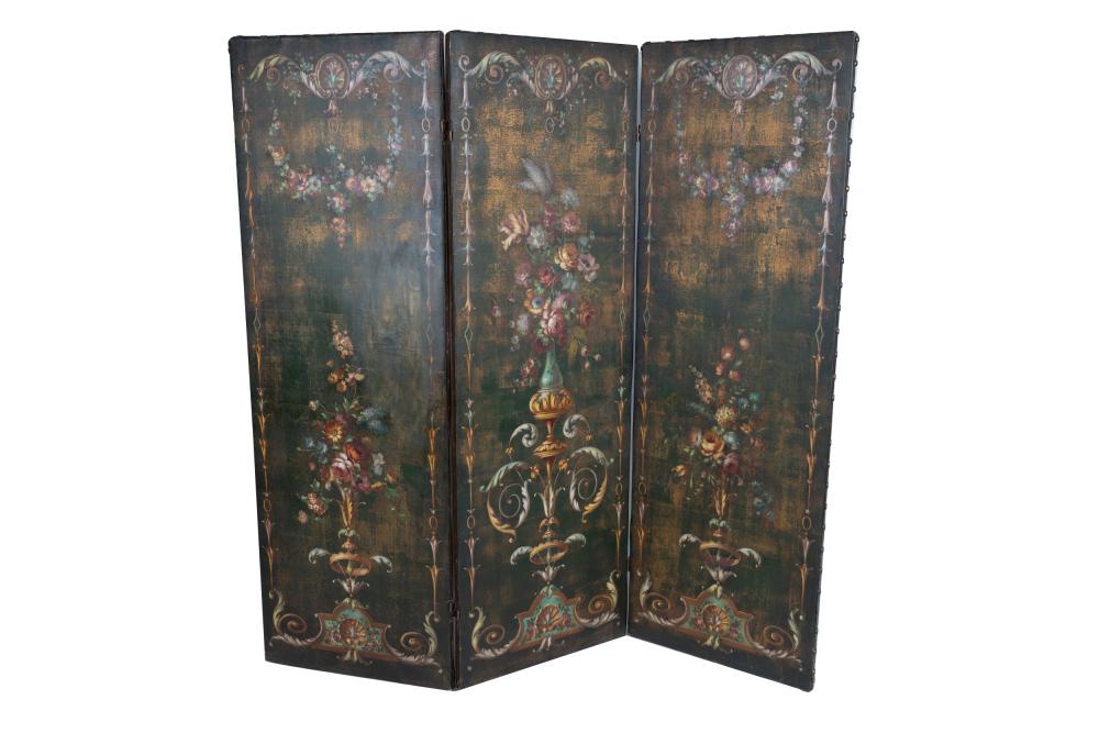 Appraisal: THREE-PANEL PAINTED LEATHER SCREENwith floral decoration to one side and