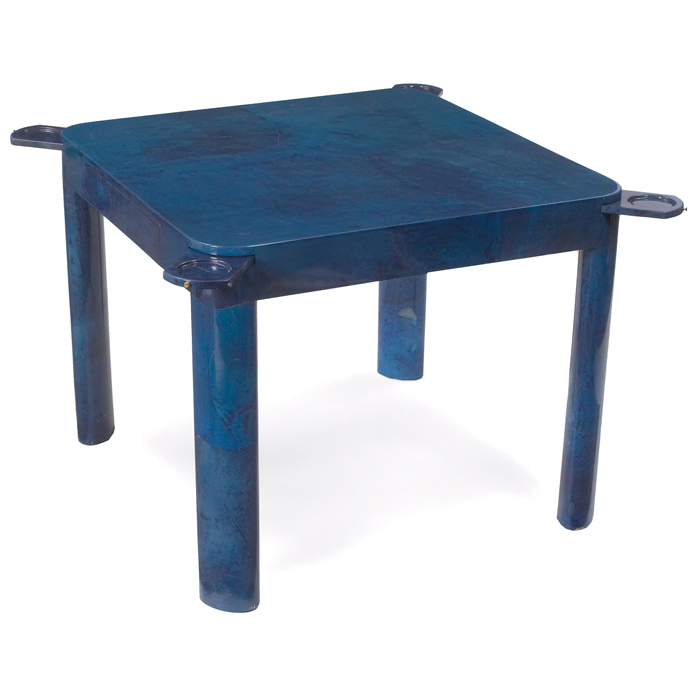 Appraisal: Karl Springer game table blue stained goatskin over wood four