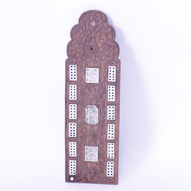 Appraisal: Chinese Cribbage Board with Ivory Inlay Wood is carved and