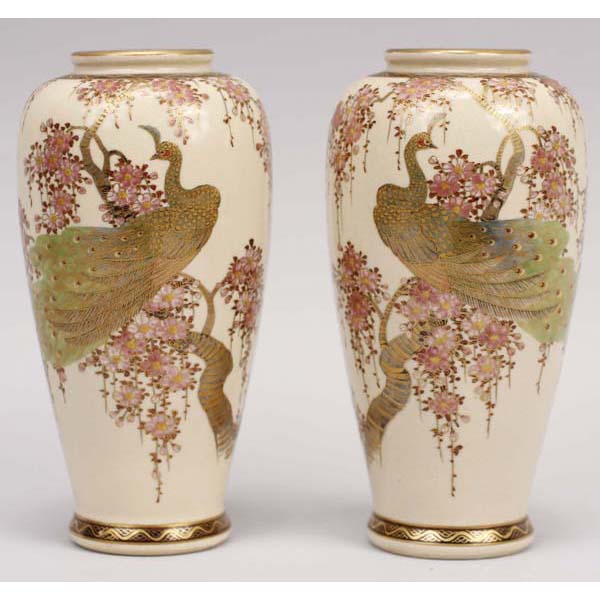 Appraisal: Pair Japanese satsuma vases with peacock on blossoming cherry branch