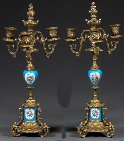 Appraisal: Pair of French Gilt-Brass-Mounted Bleu du Ciel Porcelain Three-Light Candelabra