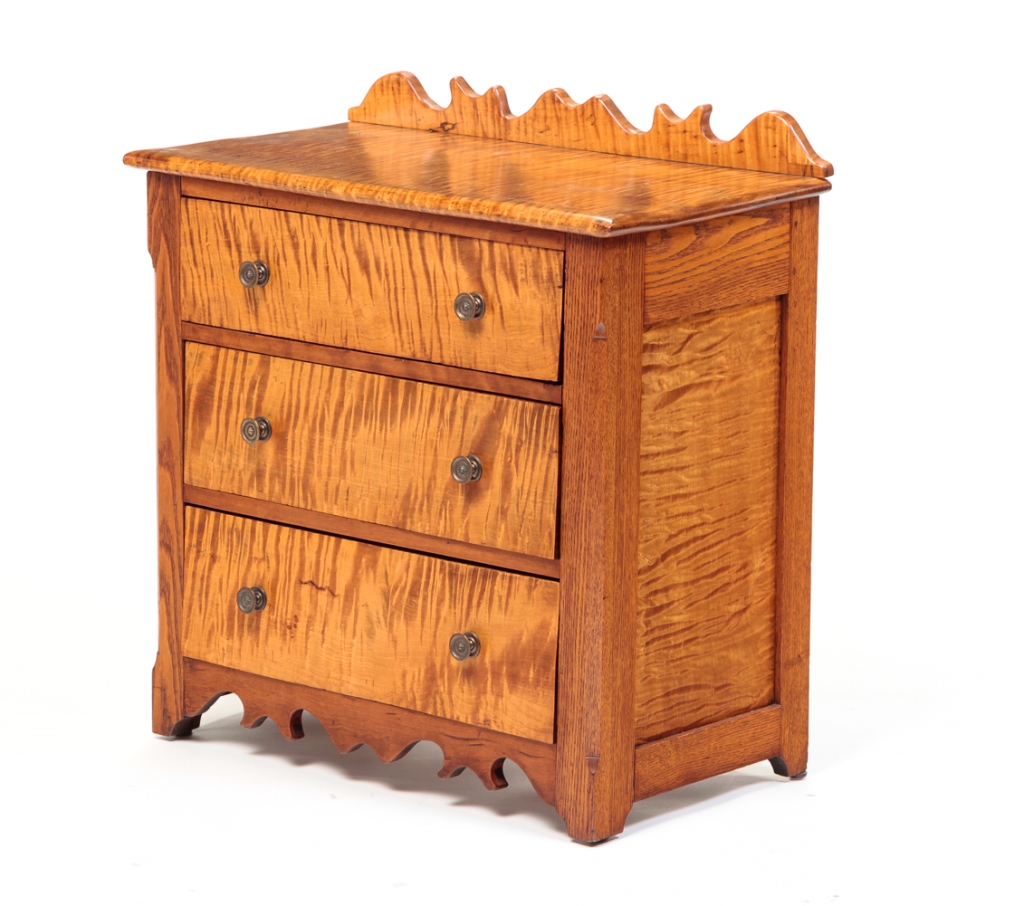 Appraisal: AMERICAN DIMINUTIVE CHEST OF DRAWERS Mid th century curly maple