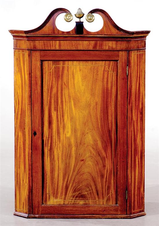 Appraisal: English inlaid mahogany hanging corner cabinet mid th century broken