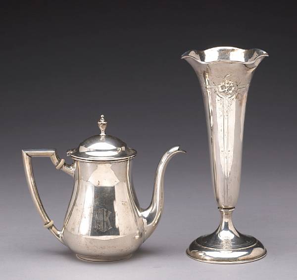 Appraisal: A sterling teapot and table vase Comprising pints teapot monogrammed