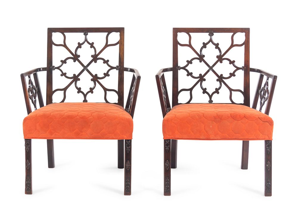 Appraisal: A Pair of Chinese Chippendale Mahogany Armchairs A Pair of