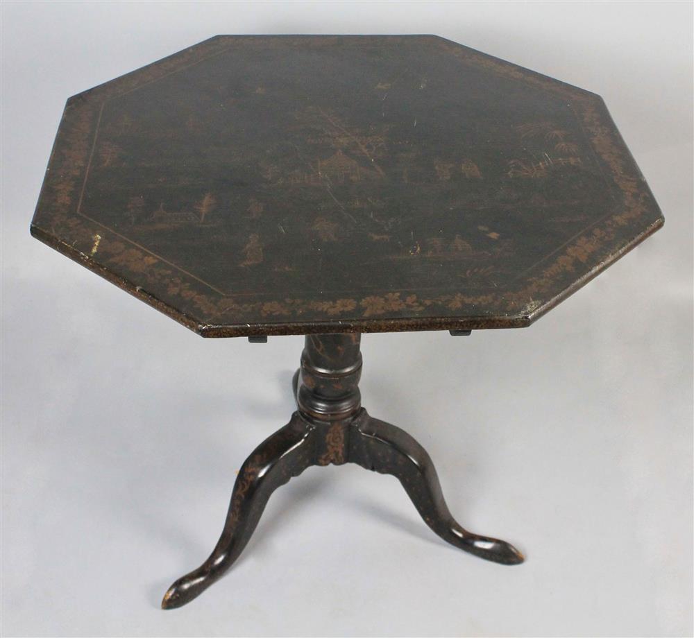 Appraisal: GEORGE III BLACK JAPANNED TILT TOP TEA TABLE the octagonal