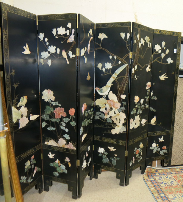 Appraisal: CHINESE SIX-PANEL FLOOR SCREEN one side featuring a continuous pictorial