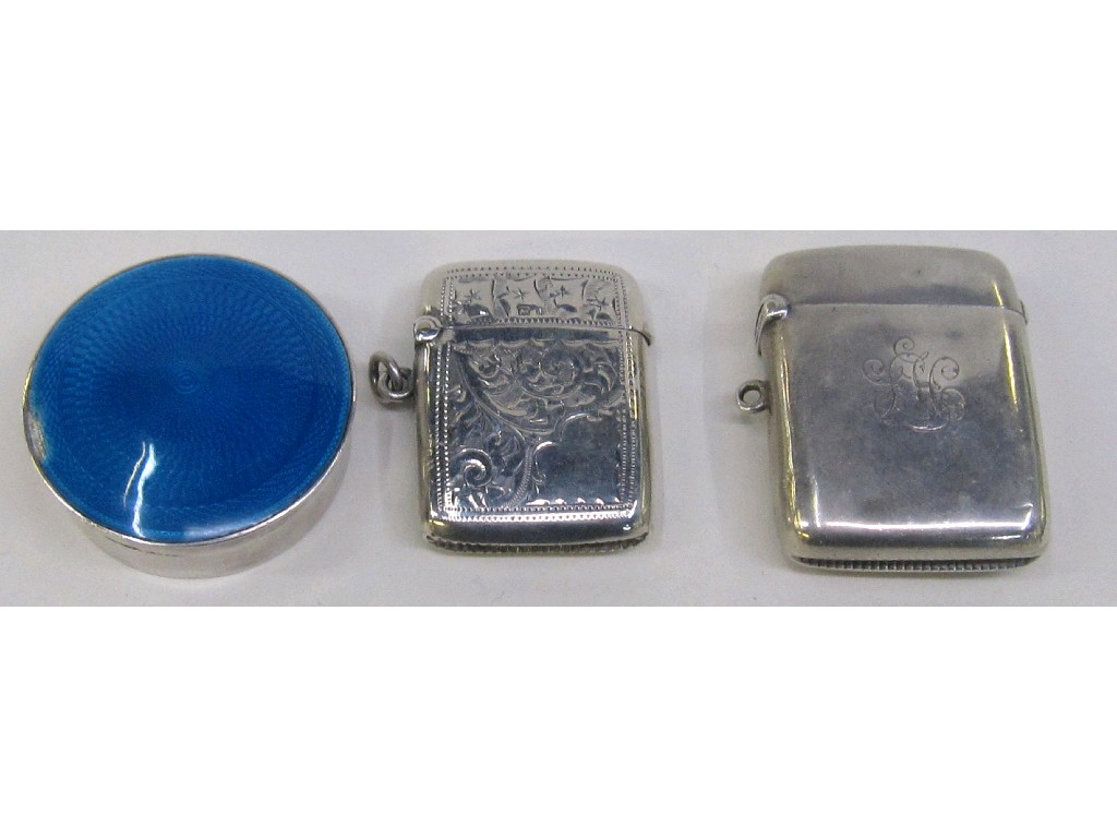 Appraisal: Lot comprising silver and enamel pill box and two silver