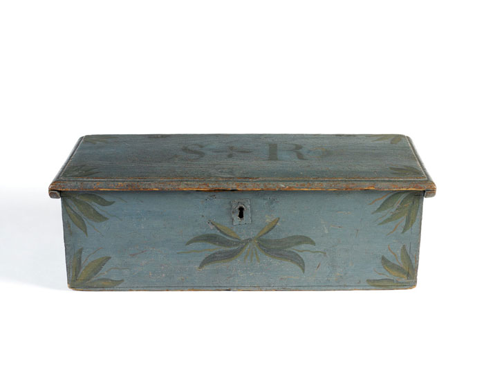 Appraisal: RARE BLUE PAINTED AND STYLIZED LEAF DECORATED DOCUMENT BOX WITH