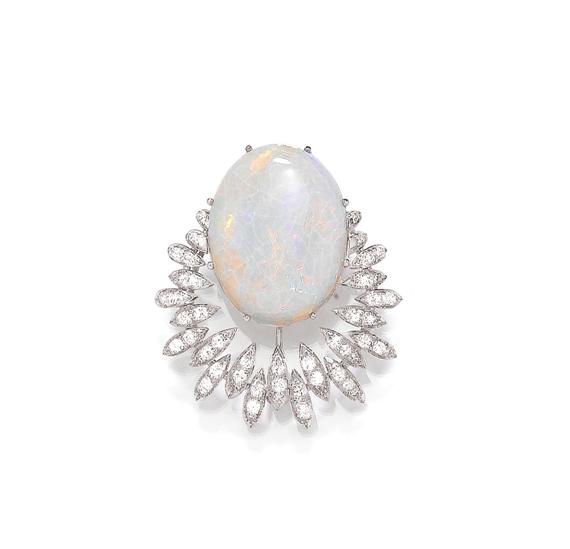 Appraisal: OPAL AND DIAMOND BROOCH PENDANT White gold Decorative brooch of