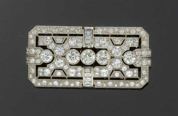 Appraisal: DIAMOND BROOCH ca Platinum Decorative rectangular brooch the geometrically open-worked