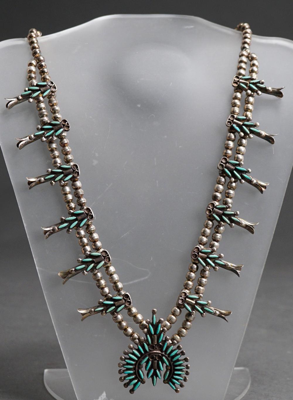 Appraisal: Southwest Silver and Turquoise Squash Blossom Necklace ozt L of