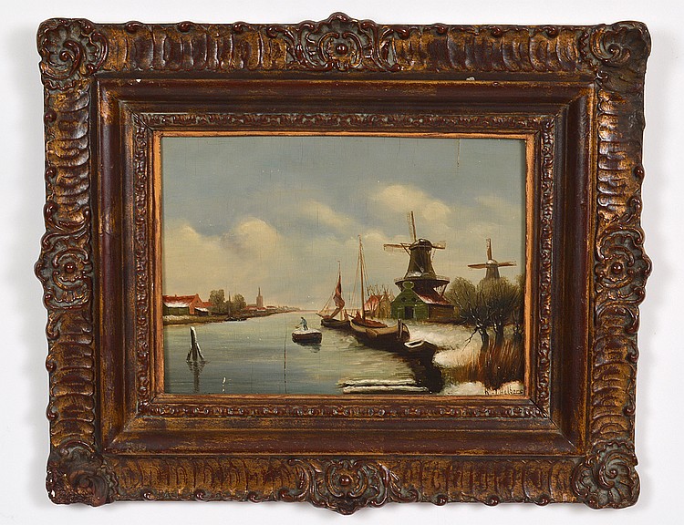 Appraisal: DUTCH SCHOOL EARLY TH CENTURY Winter Canal Scene with Windmills