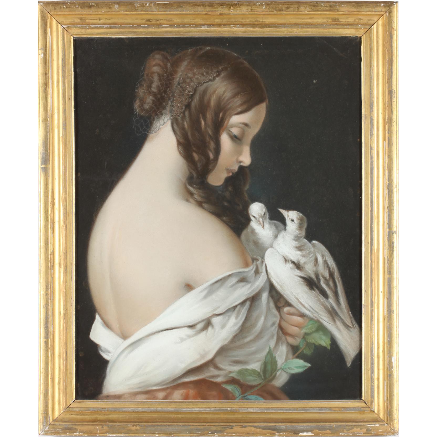 Appraisal: French School th century Woman with Doves pastel on paper