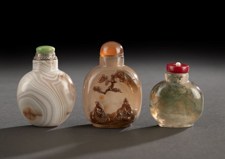 Appraisal: Group of Three Chinese Agate Snuff Bottles composed of a