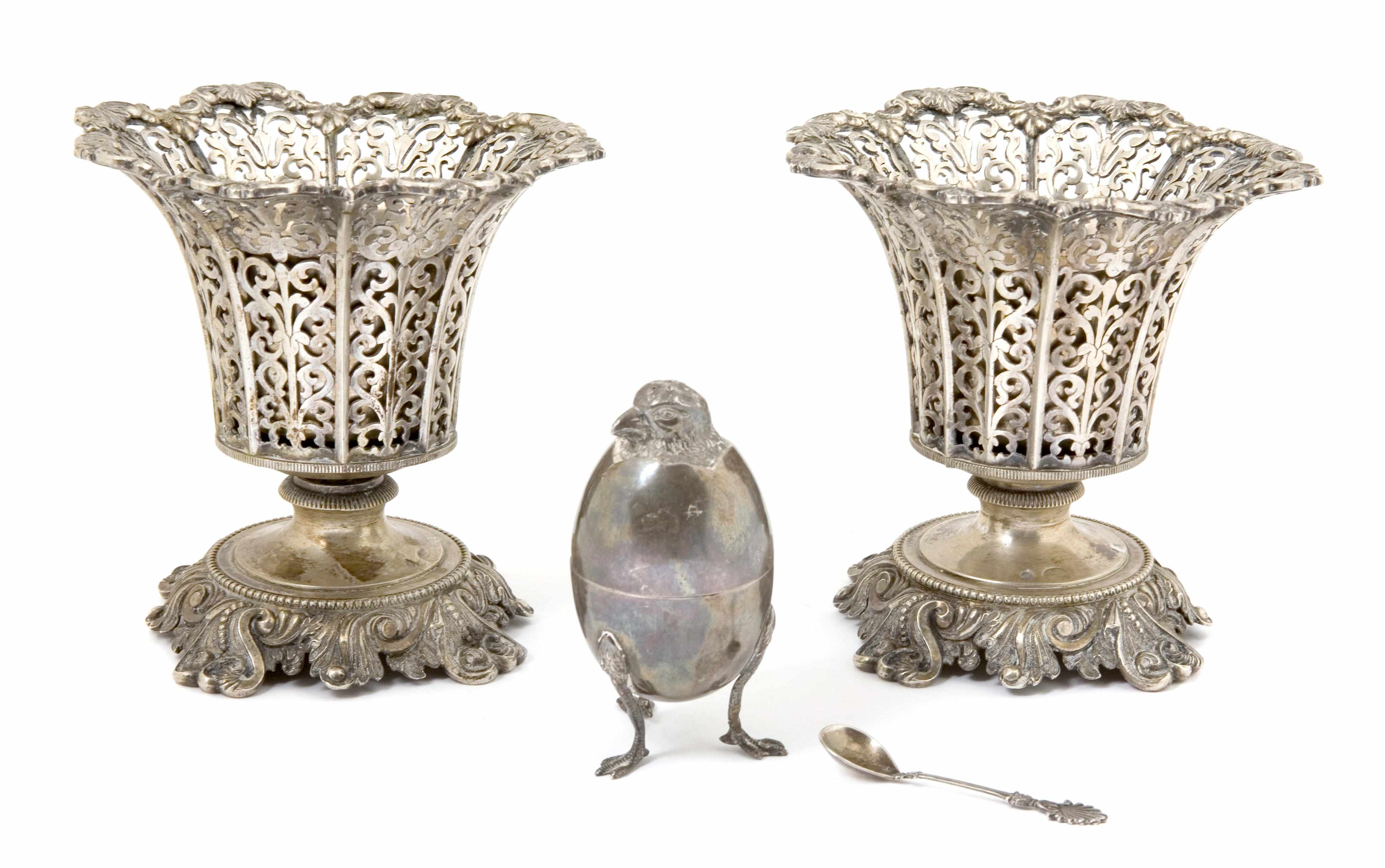 Appraisal: A pair of Turkish silver pierced urns and a French