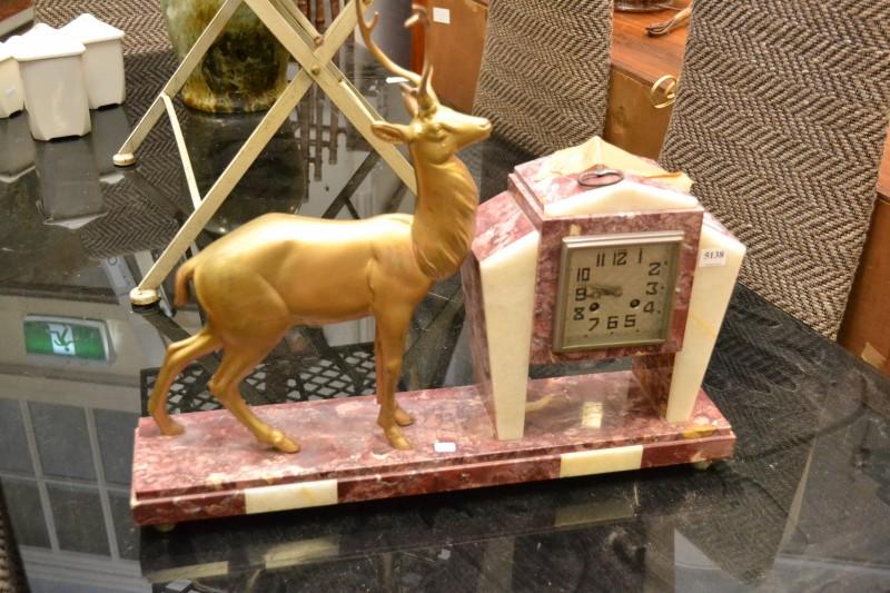 Appraisal: A FRENCH DECO MARBLE CLOCK WITH DEER FIGURE A FRENCH