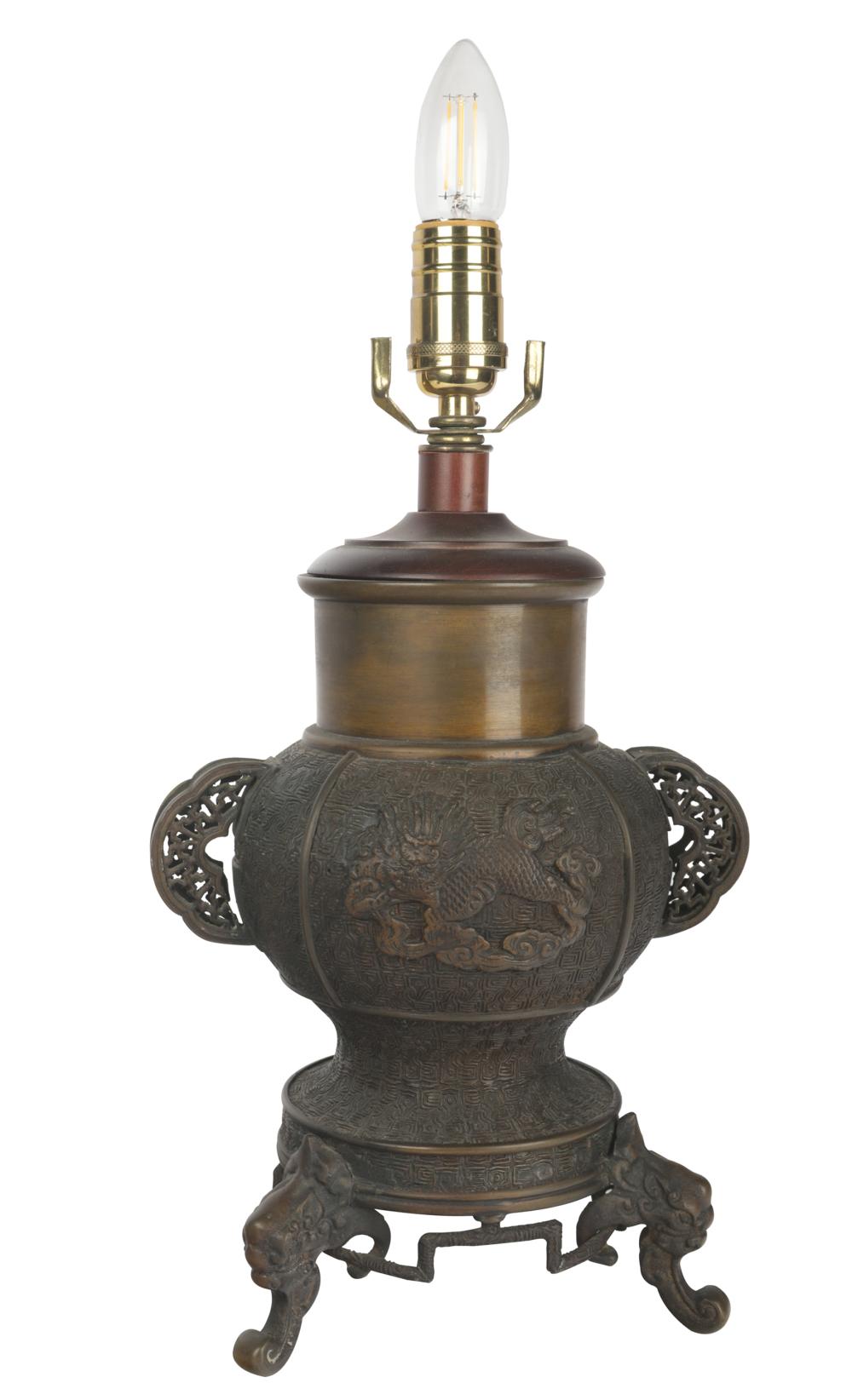 Appraisal: CHINESE BRONZE URNmounted as a table lamp inches high inches