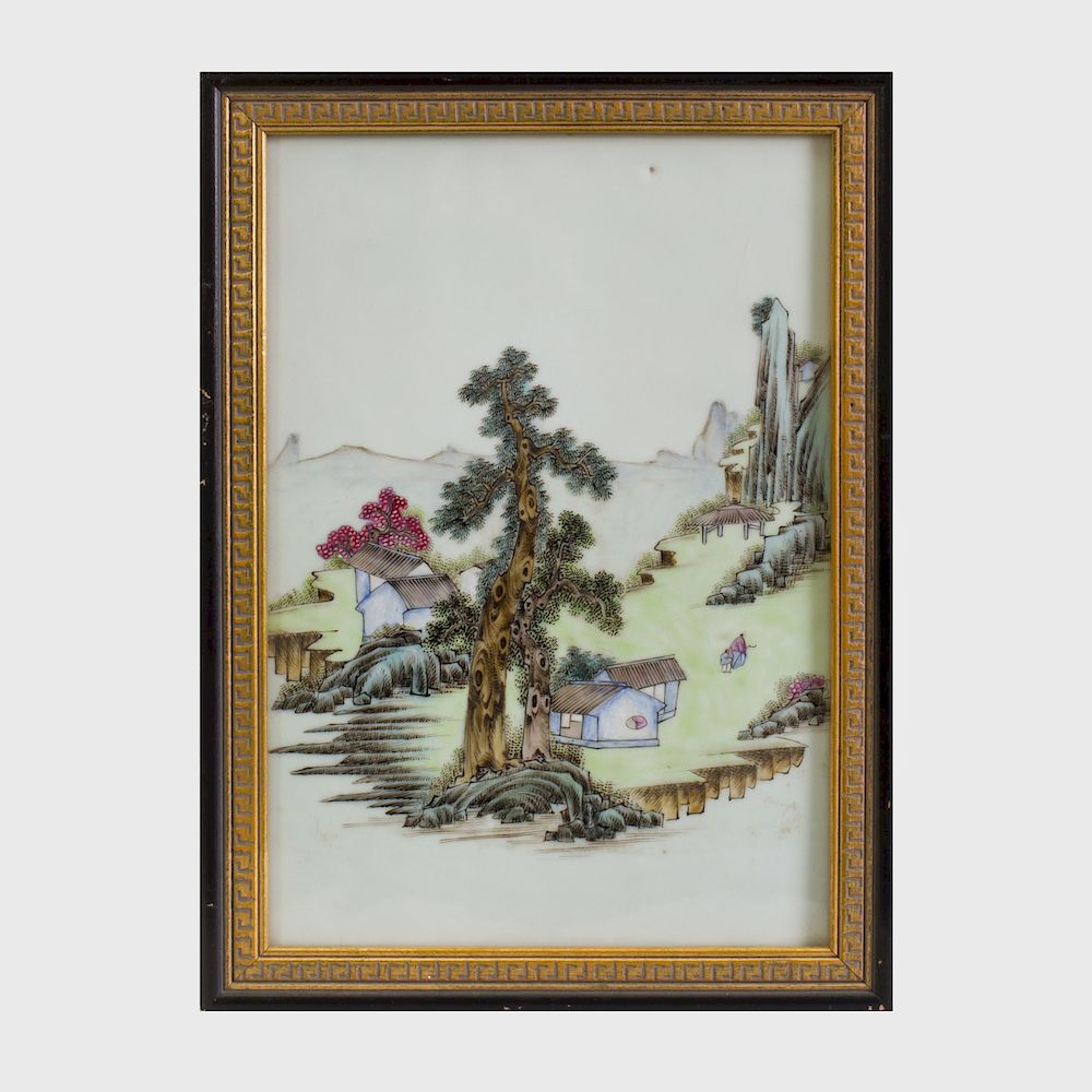 Appraisal: Chinese Famille Verte Porcelain Plaque Now within an ebonized and