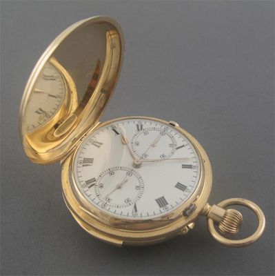 Appraisal: An ct gold minute repeating hunting cased chronograph white enamel