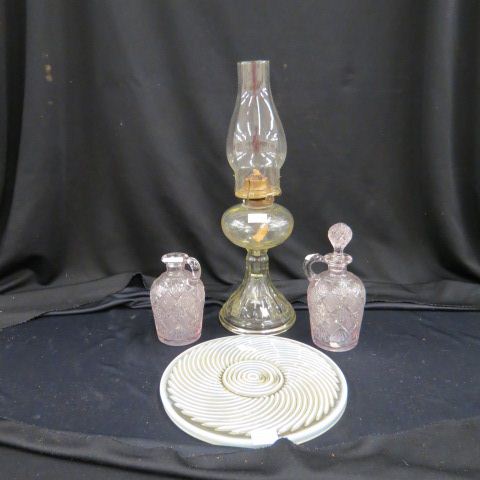 Appraisal: Estate Glassware Lot oil lamp opalescent swirl tray and decanters