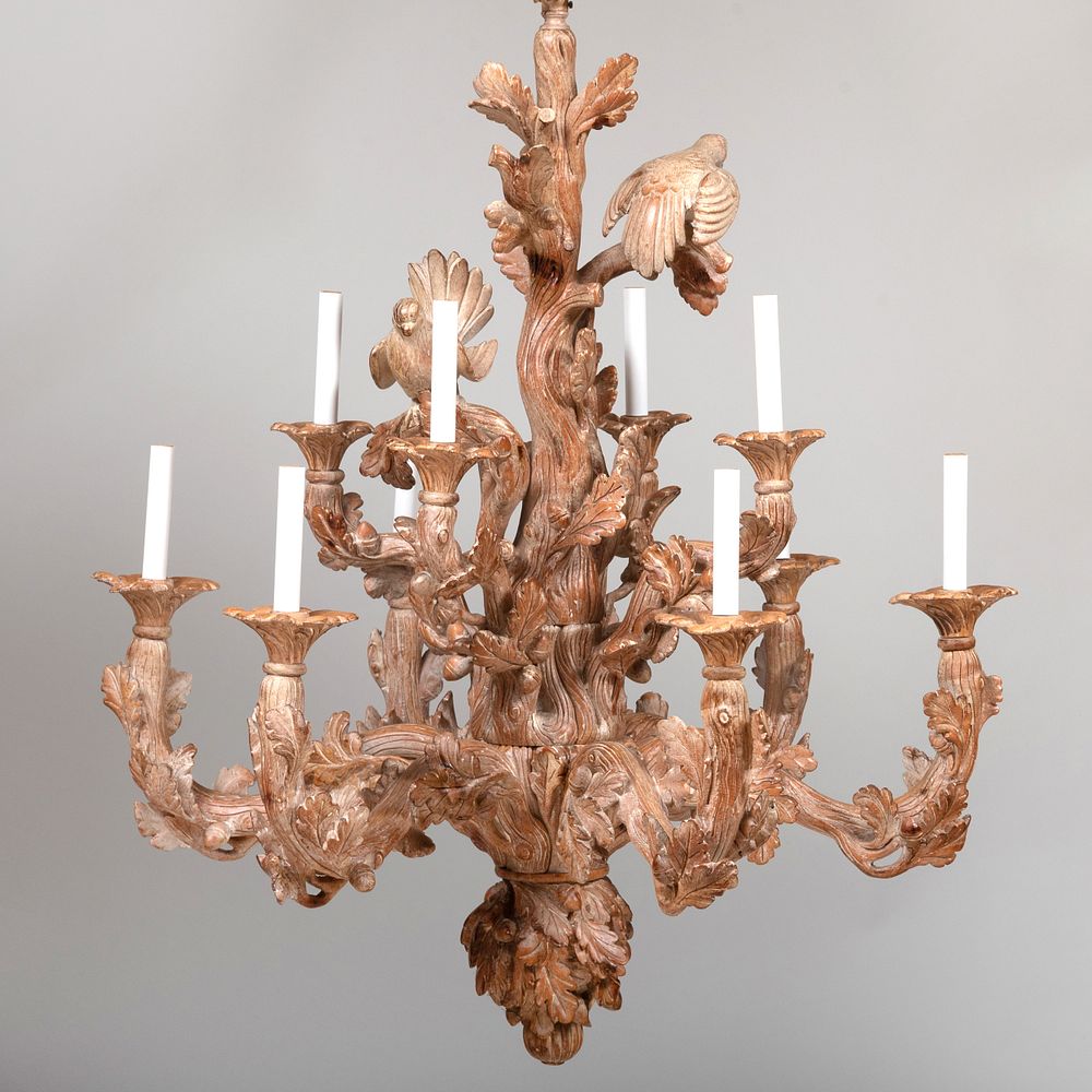 Appraisal: English Rustic Carved Wood Ten-Light Chandelier x in diam Condition