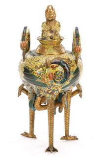 Appraisal: Impressive Qing Triple Crane Cloisonne Censer Chinese Qing Dynasty late