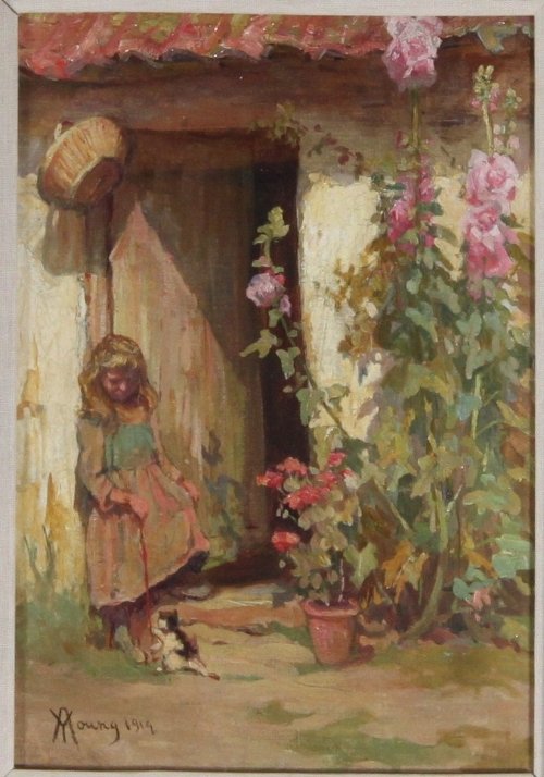 Appraisal: M Yourny Girl with Kitten by Door signed and dated