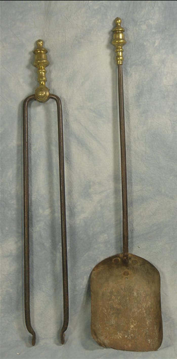 Appraisal: pr early brass firetools tongs shovel Estimate -