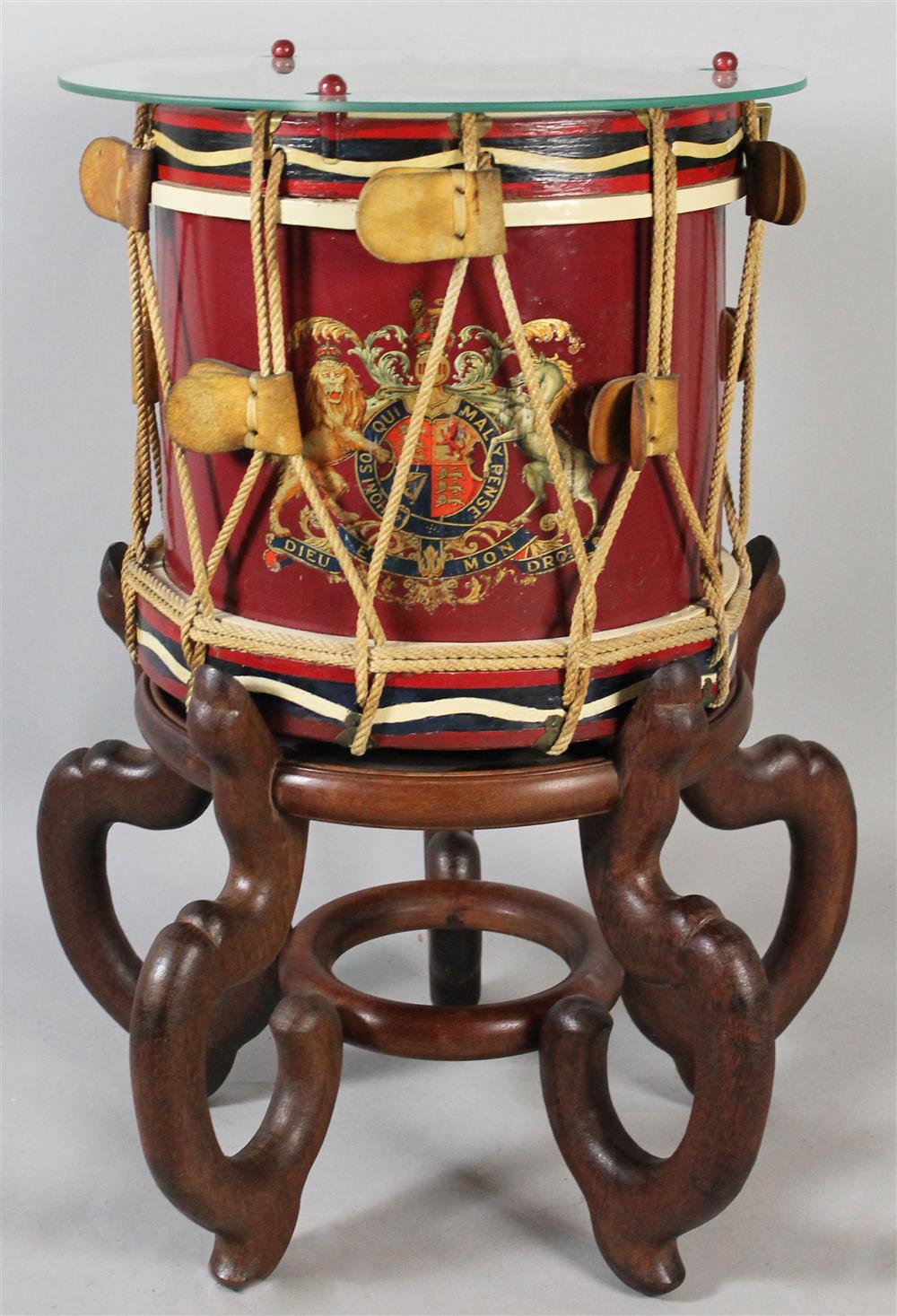 Appraisal: ENGLISH HERALDIC STYLE DRUM TABLE WITH GLASS TOP handpainted drum