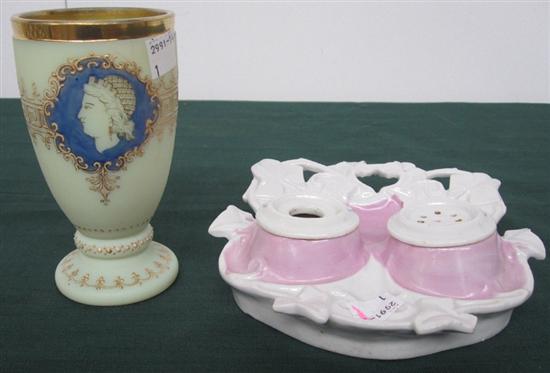 Appraisal: VICTORIAN PORCELAIN INK WELL Violet and white glazed with ivy