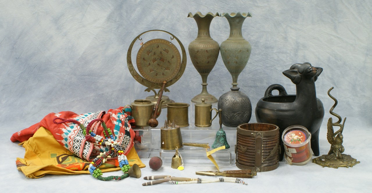 Appraisal: Assorted tourist souvenirs including Indian brass vases Mexican blackware pot